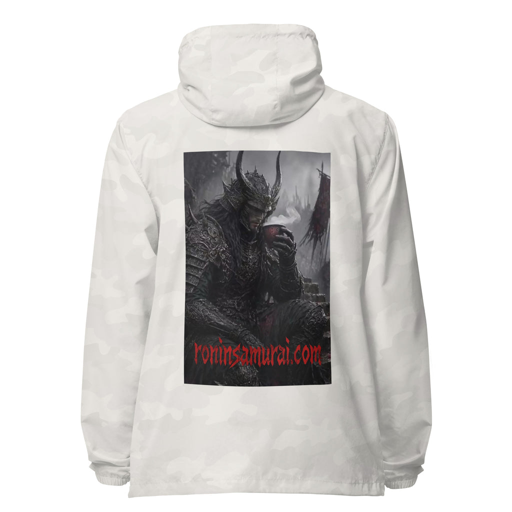 Warlord's Brew Windbreaker, white camo back: back print of a dark horned armored warlord sipping a steaming cup