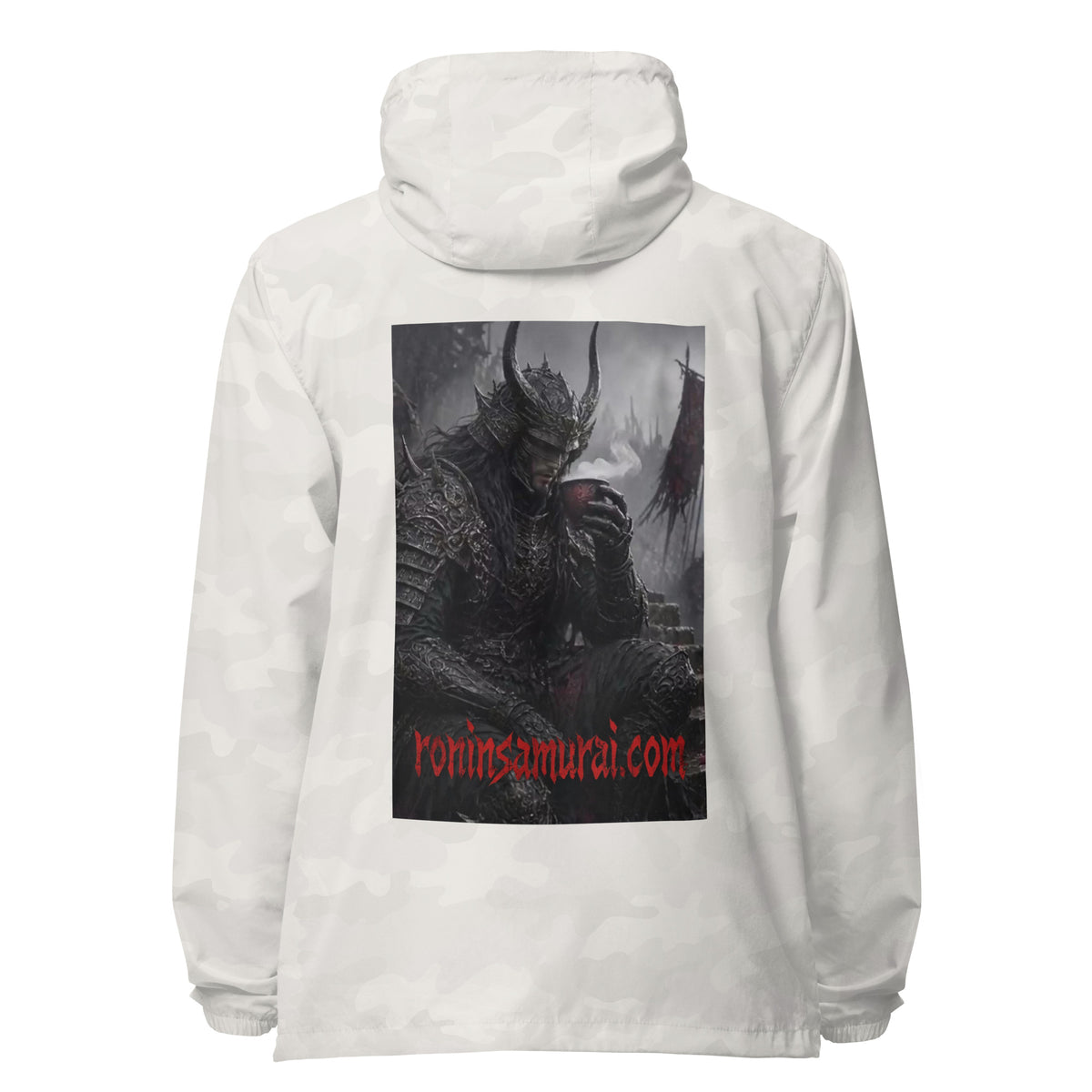 Warlord's Brew Windbreaker, white camo back: back print of a dark horned armored warlord sipping a steaming cup