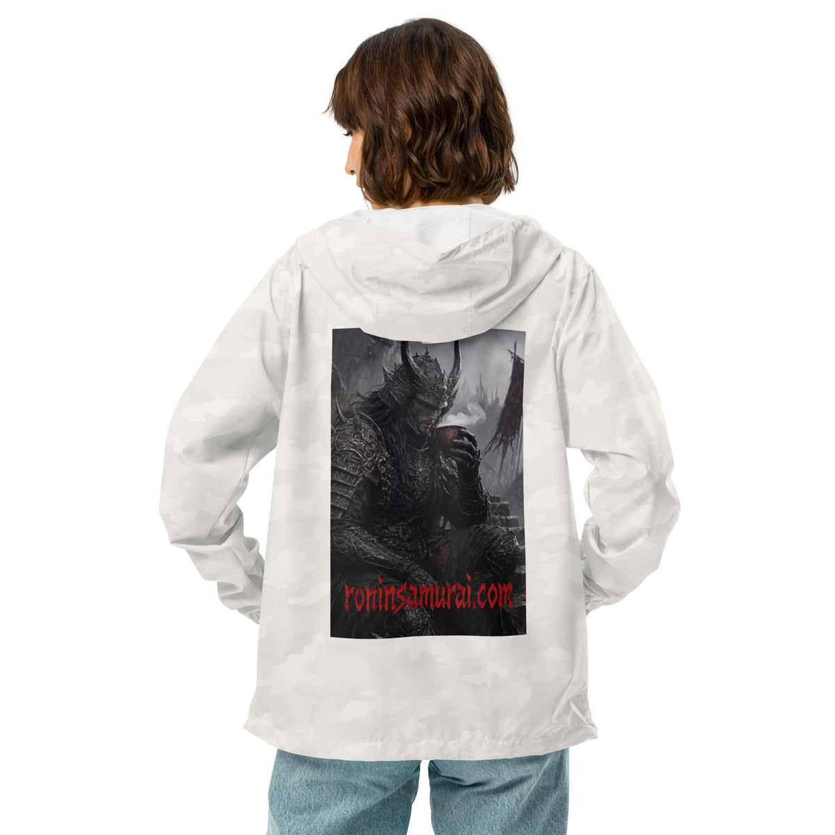 Warlord's Brew Windbreaker, white camo back: back print of a dark horned armored warlord sipping a steaming cup