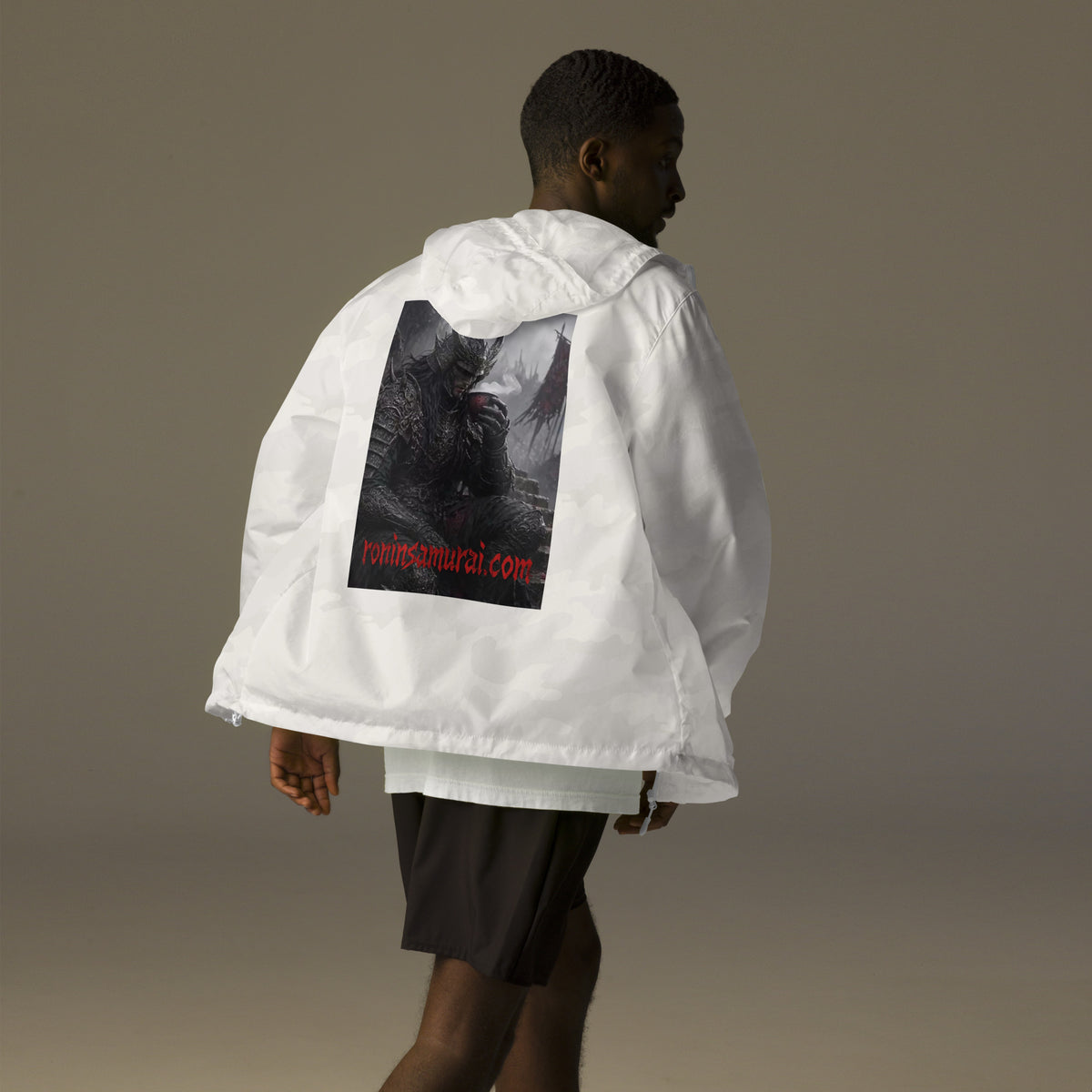 Warlord's Brew Windbreaker, white camo back: back print of a dark horned armored warlord sipping a steaming cup
