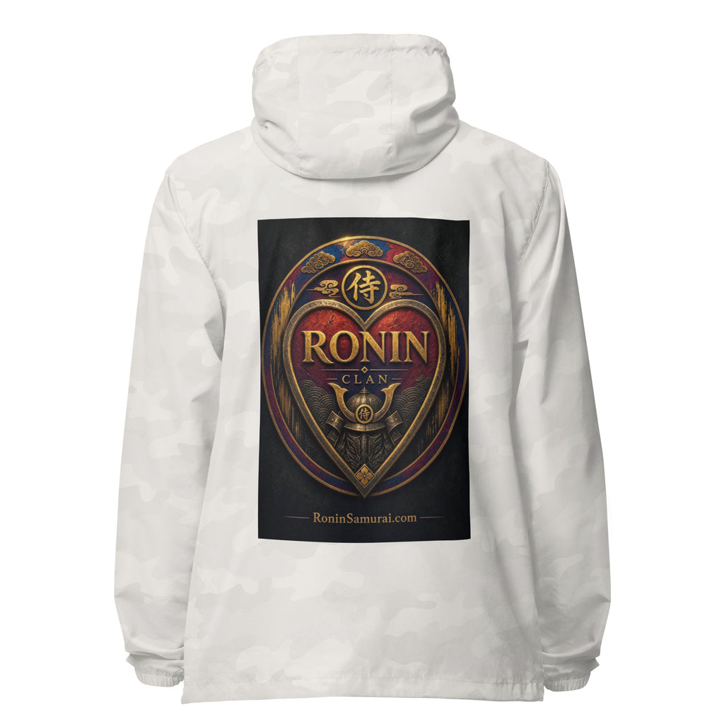 Royal Crest Ronin Clan Windbreaker, white camo back: gilded red-and-gold heart shield with the 侍 seal, RONIN CLAN and kabuto emblem