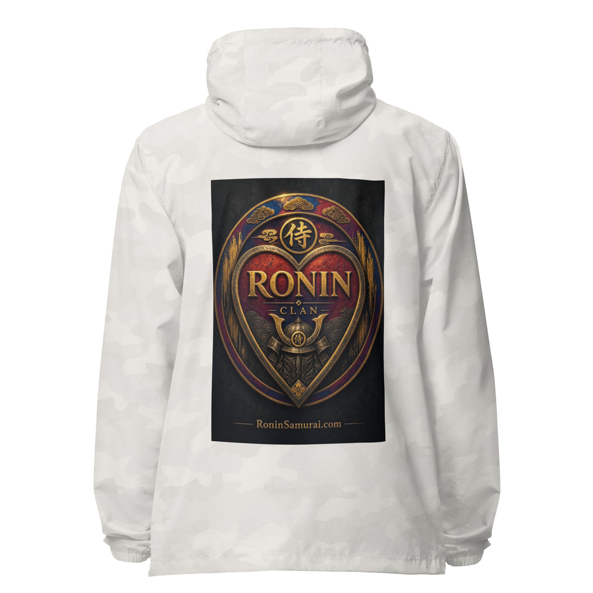 Royal Crest Ronin Clan Windbreaker, white camo back: gilded red-and-gold heart shield with the 侍 seal, RONIN CLAN and kabuto emblem