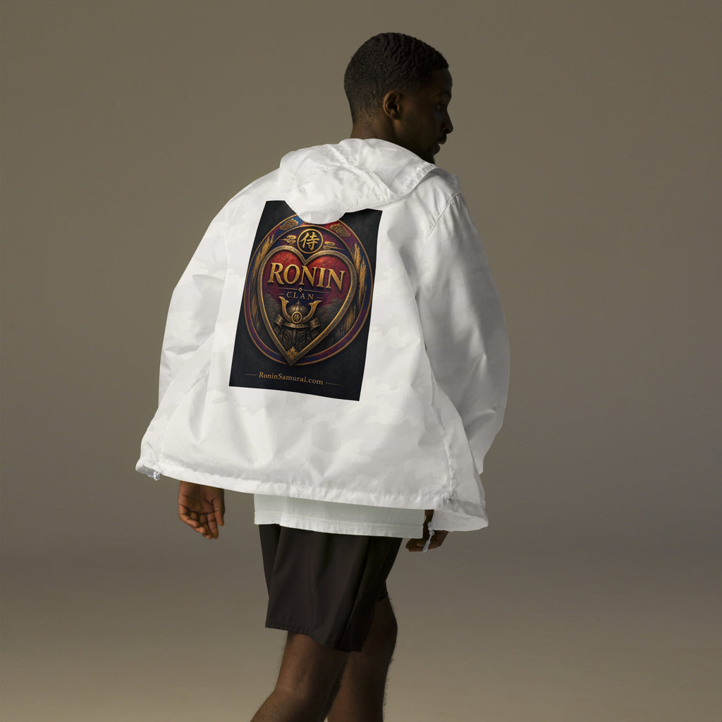 Royal Crest Ronin Clan Windbreaker, white camo back: gilded red-and-gold heart shield with the 侍 seal, RONIN CLAN and kabuto emblem