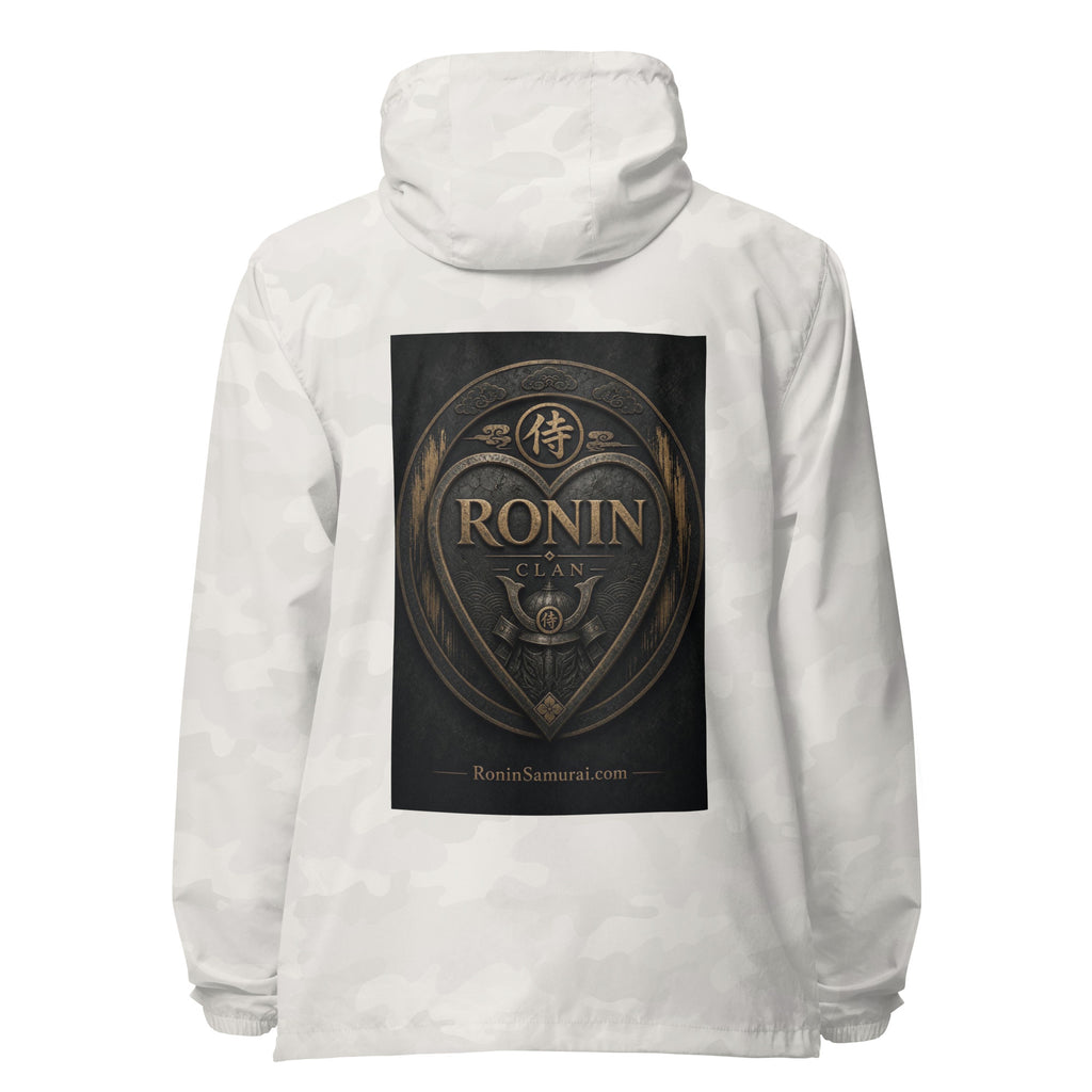 Bronze Crest Ronin Clan Windbreaker, white camo back: bronze heart shield with the 侍 seal, RONIN CLAN and a kabuto emblem