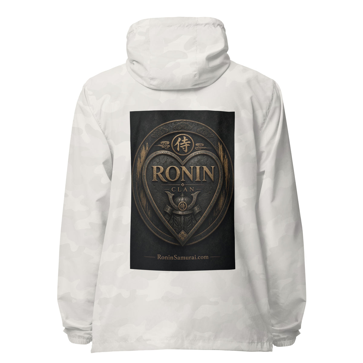 Bronze Crest Ronin Clan Windbreaker, white camo back: bronze heart shield with the 侍 seal, RONIN CLAN and a kabuto emblem
