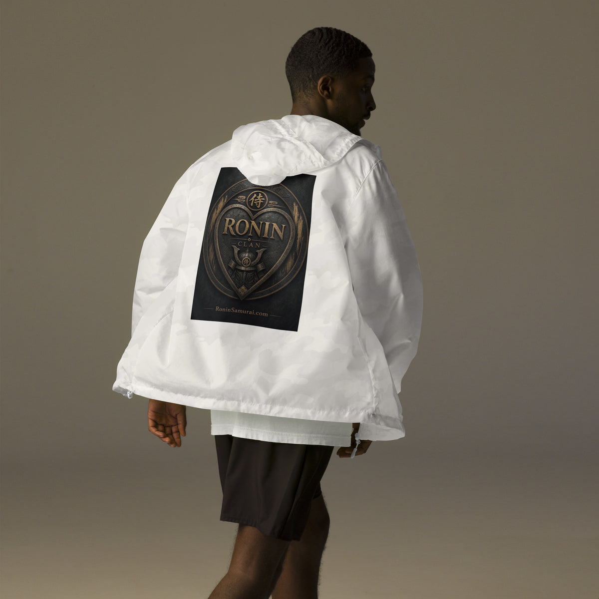 Bronze Crest Ronin Clan Windbreaker, white camo back: bronze heart shield with the 侍 seal, RONIN CLAN and a kabuto emblem