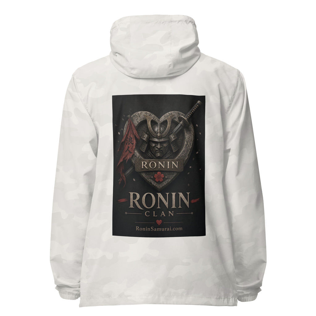 Kabuto Heart Ronin Clan Windbreaker, white camo back: stone heart with a masked kabuto warrior, katana and red banner, RONIN CLAN