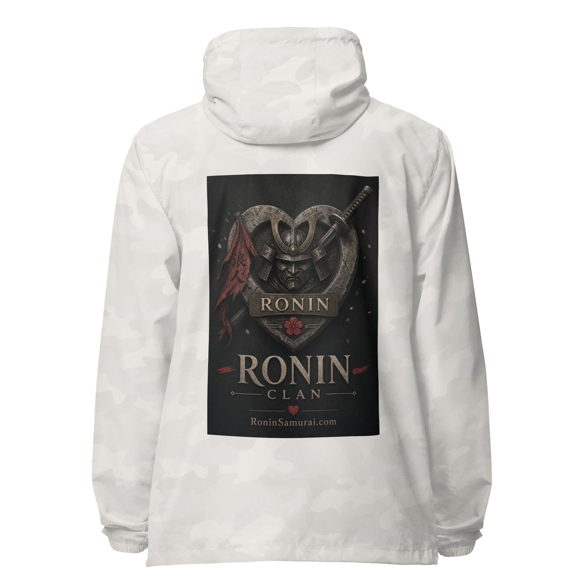 Kabuto Heart Ronin Clan Windbreaker, white camo back: stone heart with a masked kabuto warrior, katana and red banner, RONIN CLAN
