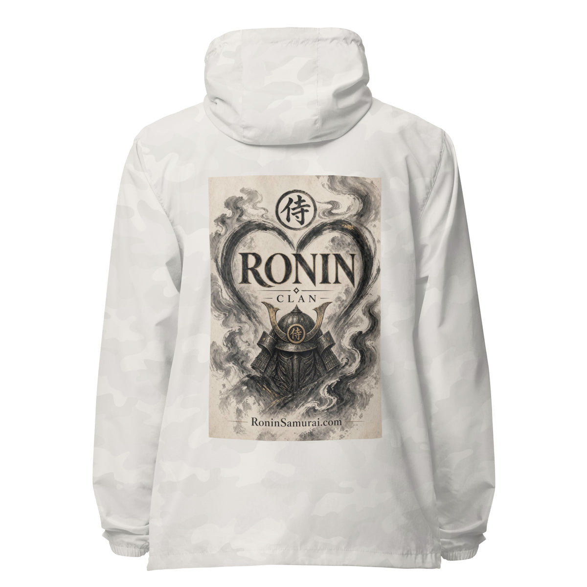 Ink Heart Ronin Clan Windbreaker, white camo back: ink-wash heart around a kabuto helmet on cream paper, 侍 seal and RONIN CLAN