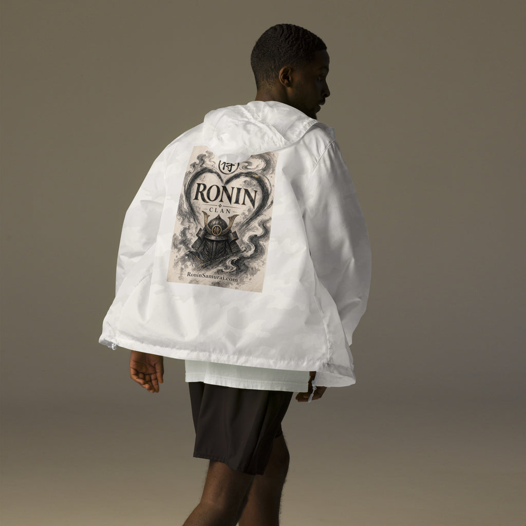 Ink Heart Ronin Clan Windbreaker, white camo back: ink-wash heart around a kabuto helmet on cream paper, 侍 seal and RONIN CLAN