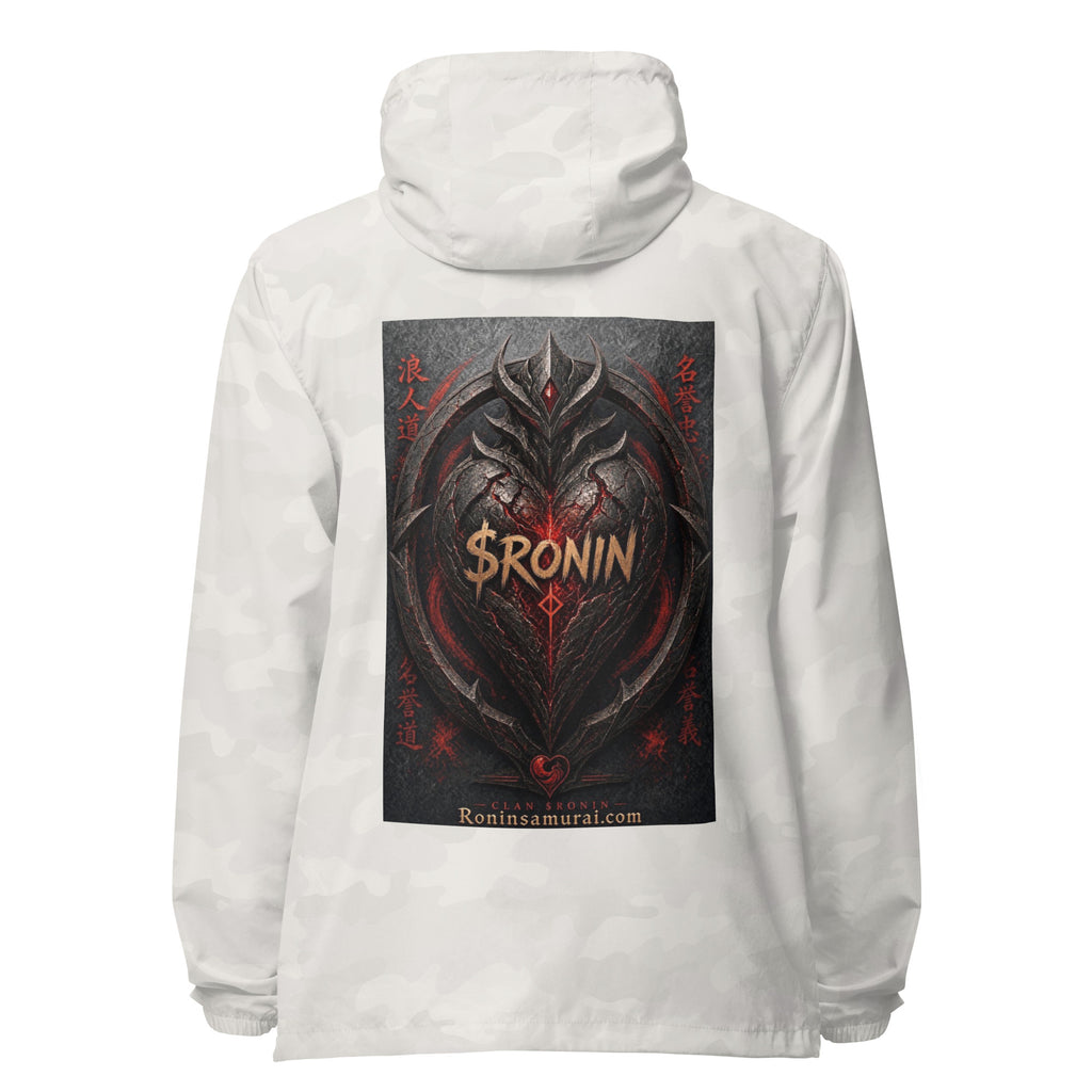 Obsidian Heart Ronin Windbreaker, white camo back: spiked black armored heart with a glowing red core and $RONIN, red kanji at the sides