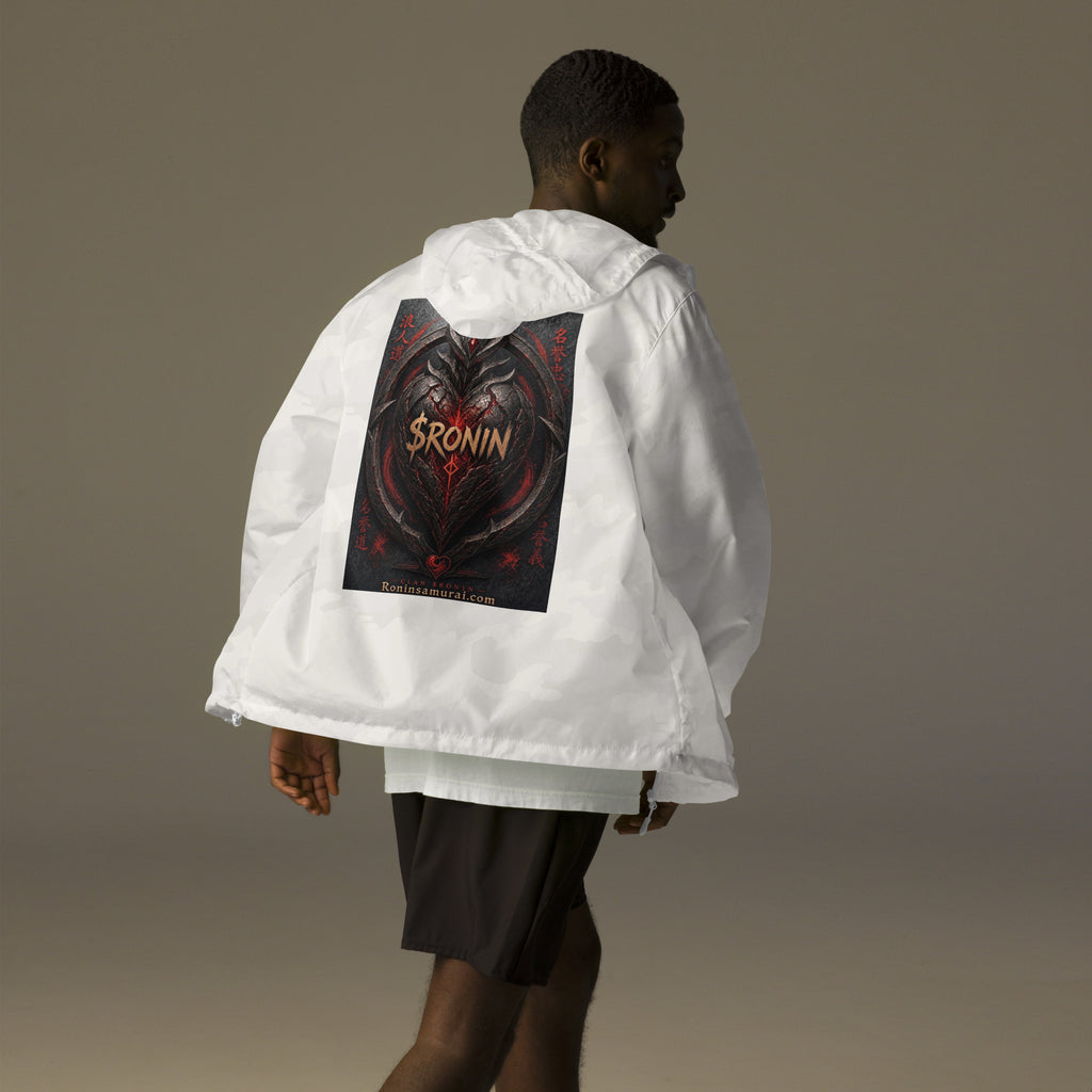 Obsidian Heart Ronin Windbreaker, white camo back: spiked black armored heart with a glowing red core and $RONIN, red kanji at the sides