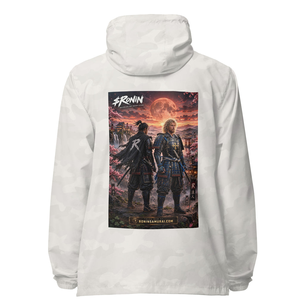 Sworn Brothers Ronin Windbreaker, white camo back: two warriors, a dark-haired ronin and a golden-haired samurai in blue armor, under a blood-red moon with a white $RONIN
