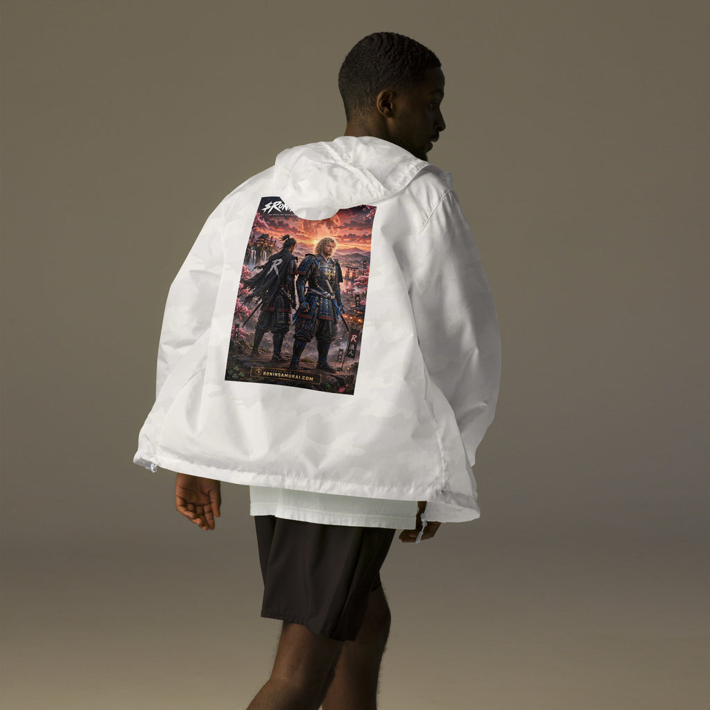Sworn Brothers Ronin Windbreaker, white camo back: two warriors, a dark-haired ronin and a golden-haired samurai in blue armor, under a blood-red moon with a white $RONIN