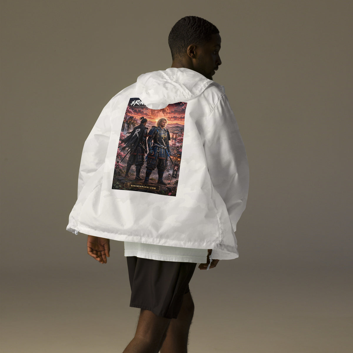Sworn Brothers Ronin Windbreaker, white camo back: two warriors, a dark-haired ronin and a golden-haired samurai in blue armor, under a blood-red moon with a white $RONIN