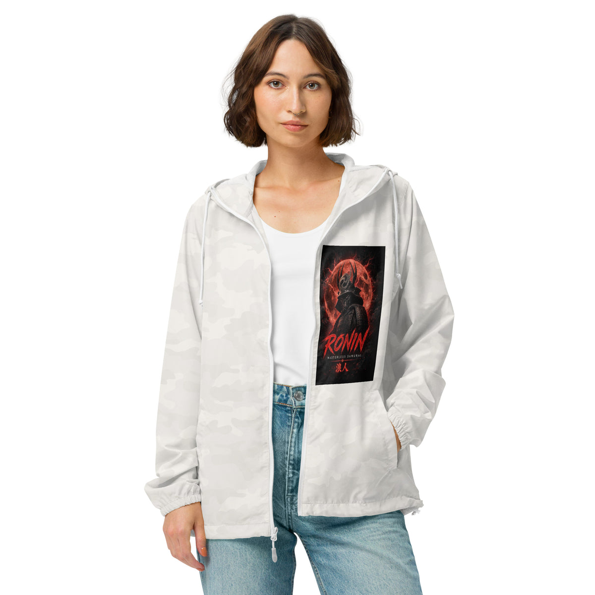Red Parasol Ronin Windbreaker, white camo front: Blood Moon RONIN samurai art on the left chest