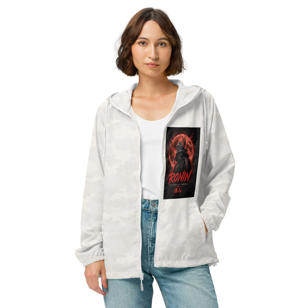 Samurai Rubber Duck Windbreaker, white camo front: Blood Moon RONIN samurai art on the left chest