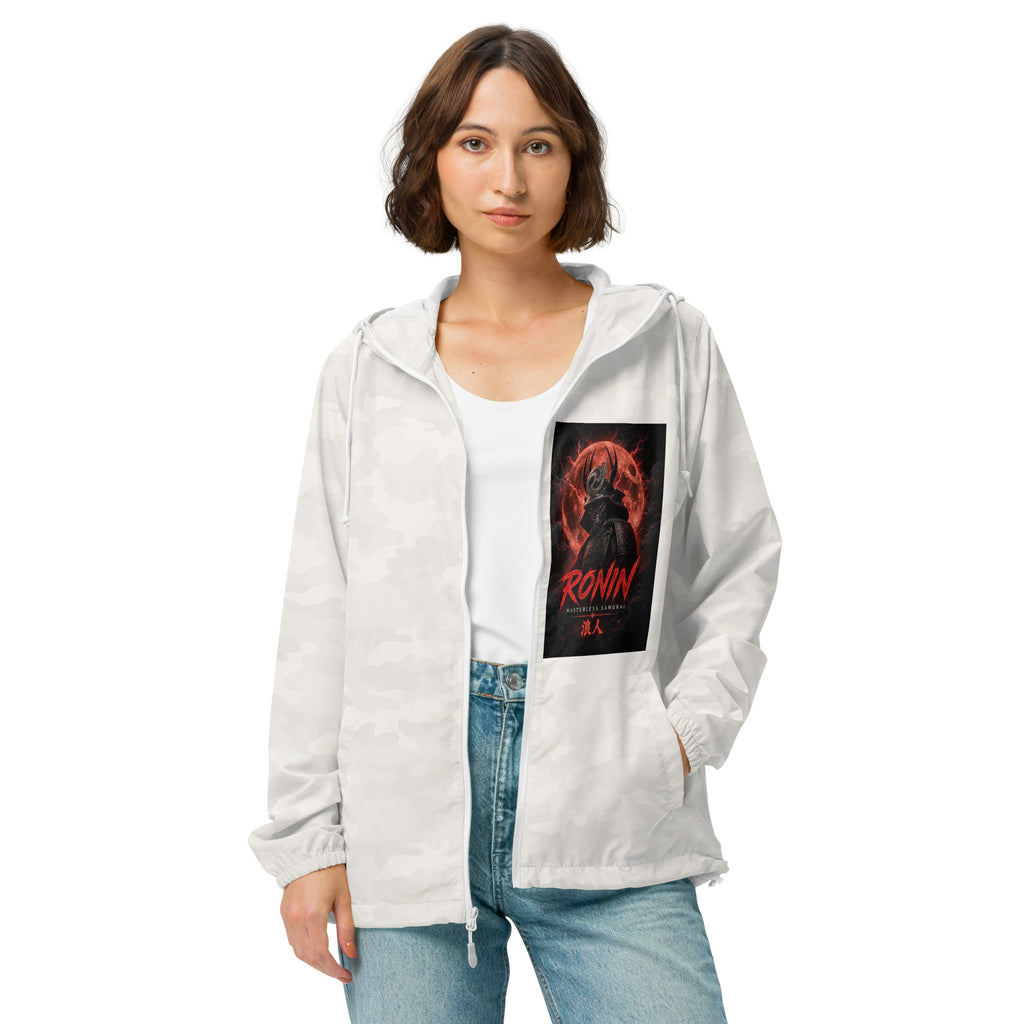 Miami Beach Ronin Windbreaker, white camo front: Blood Moon RONIN samurai art on the left chest
