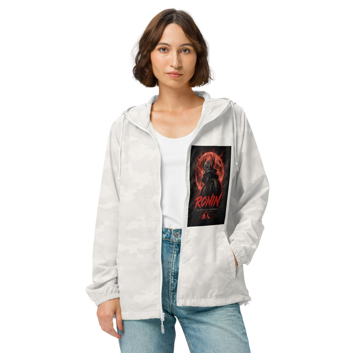 Lone Path Ronin Windbreaker, white camo front: Blood Moon RONIN samurai art on the left chest