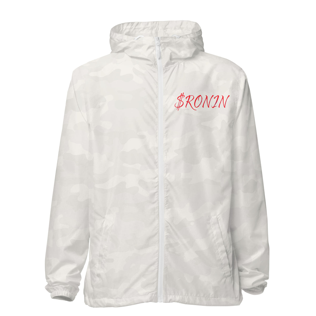 Royal Crest Ronin Clan Windbreaker, white camo front: red script $RONIN on the left chest