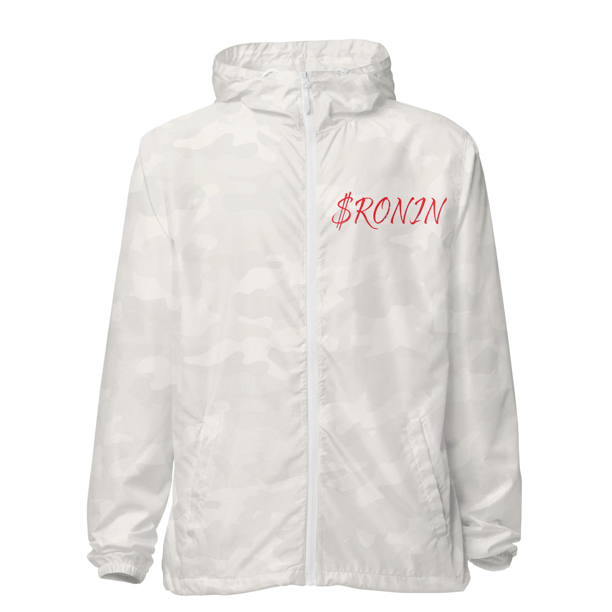 Obsidian Heart Ronin Windbreaker, white camo front: red script $RONIN on the left chest