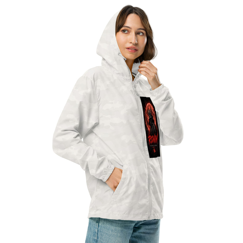 Samurai Rubber Duck Windbreaker, white camo right front: Blood Moon RONIN samurai art on the left chest