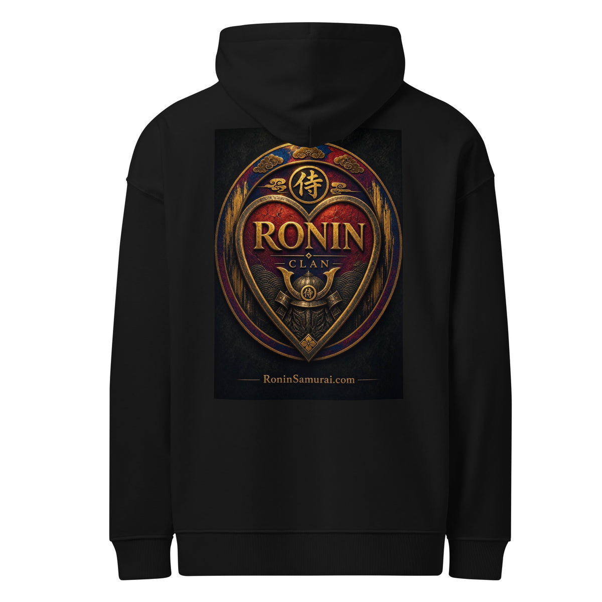 Royal Crest Ronin Clan Hoodie, black back: gilded red-and-gold heart shield with the 侍 seal, RONIN CLAN and kabuto emblem