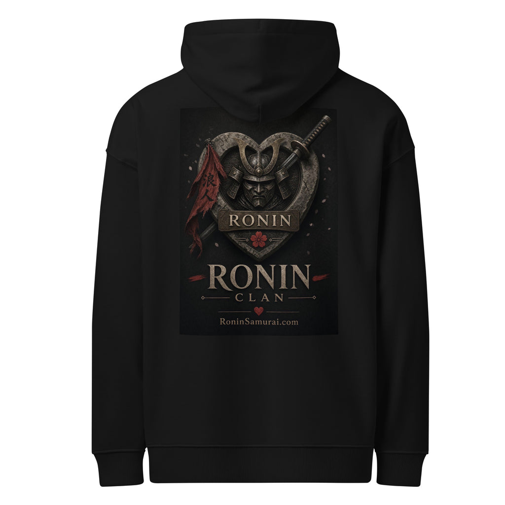 Kabuto Heart Ronin Clan Hoodie, black back: stone heart with a masked kabuto warrior, katana and red banner, RONIN CLAN