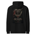 Kabuto Heart Ronin Clan Hoodie, black back: stone heart with a masked kabuto warrior, katana and red banner, RONIN CLAN