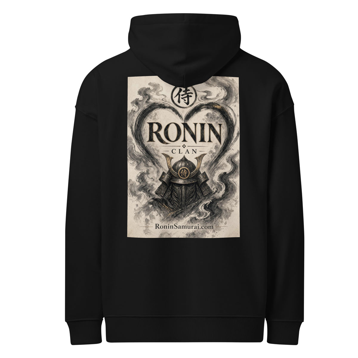 Ink Heart Ronin Clan Hoodie, black back: ink-wash heart around a kabuto helmet on cream paper, 侍 seal and RONIN CLAN