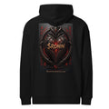 Obsidian Heart Ronin Hoodie, black back: spiked black armored heart with a glowing red core and $RONIN, red kanji at the sides