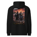 Sworn Brothers Ronin Hoodie, black back: two warriors, a dark-haired ronin and a golden-haired samurai in blue armor, under a blood-red moon with a white $RONIN