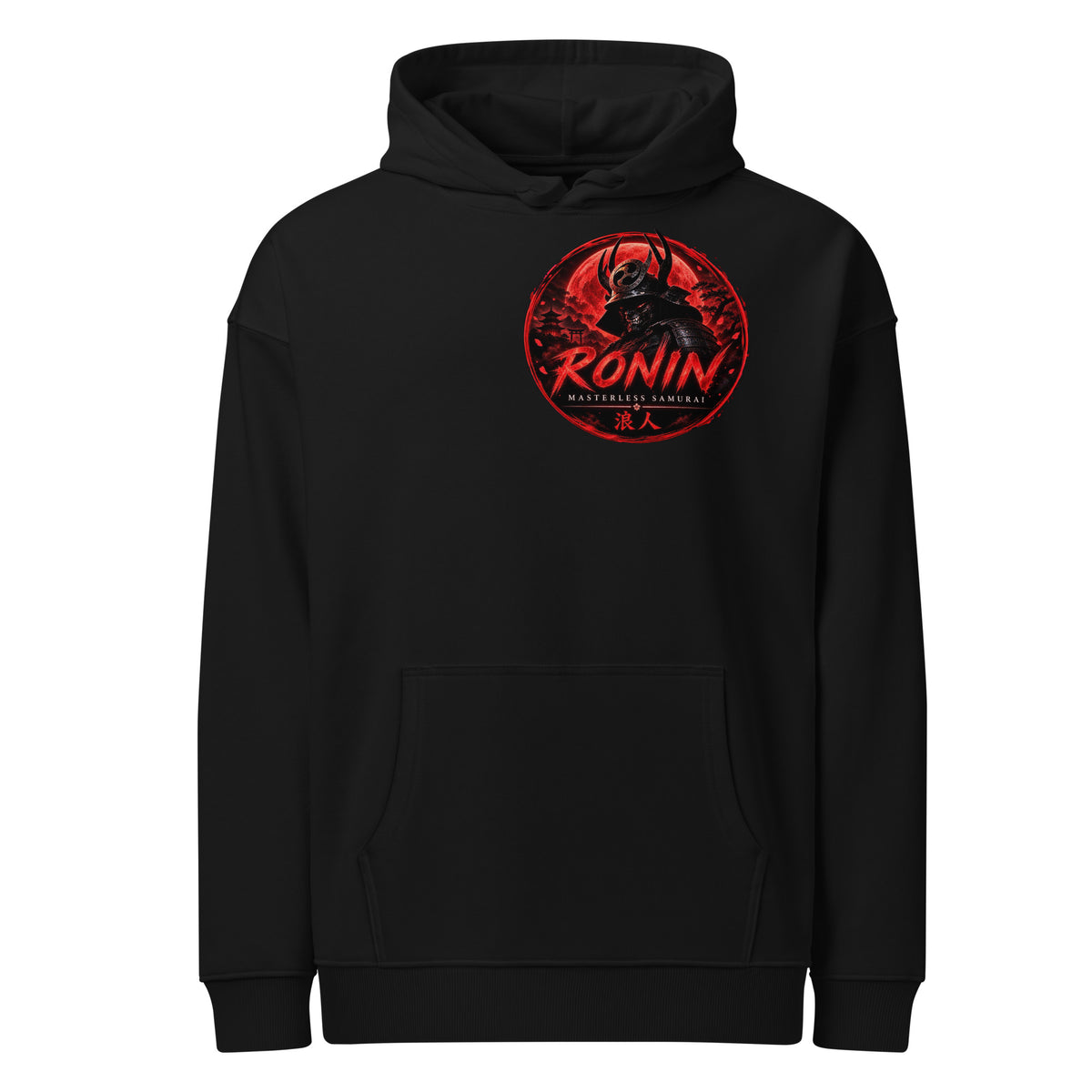 Silver-Haired Ronin Hoodie, black front: red RONIN crest on the chest
