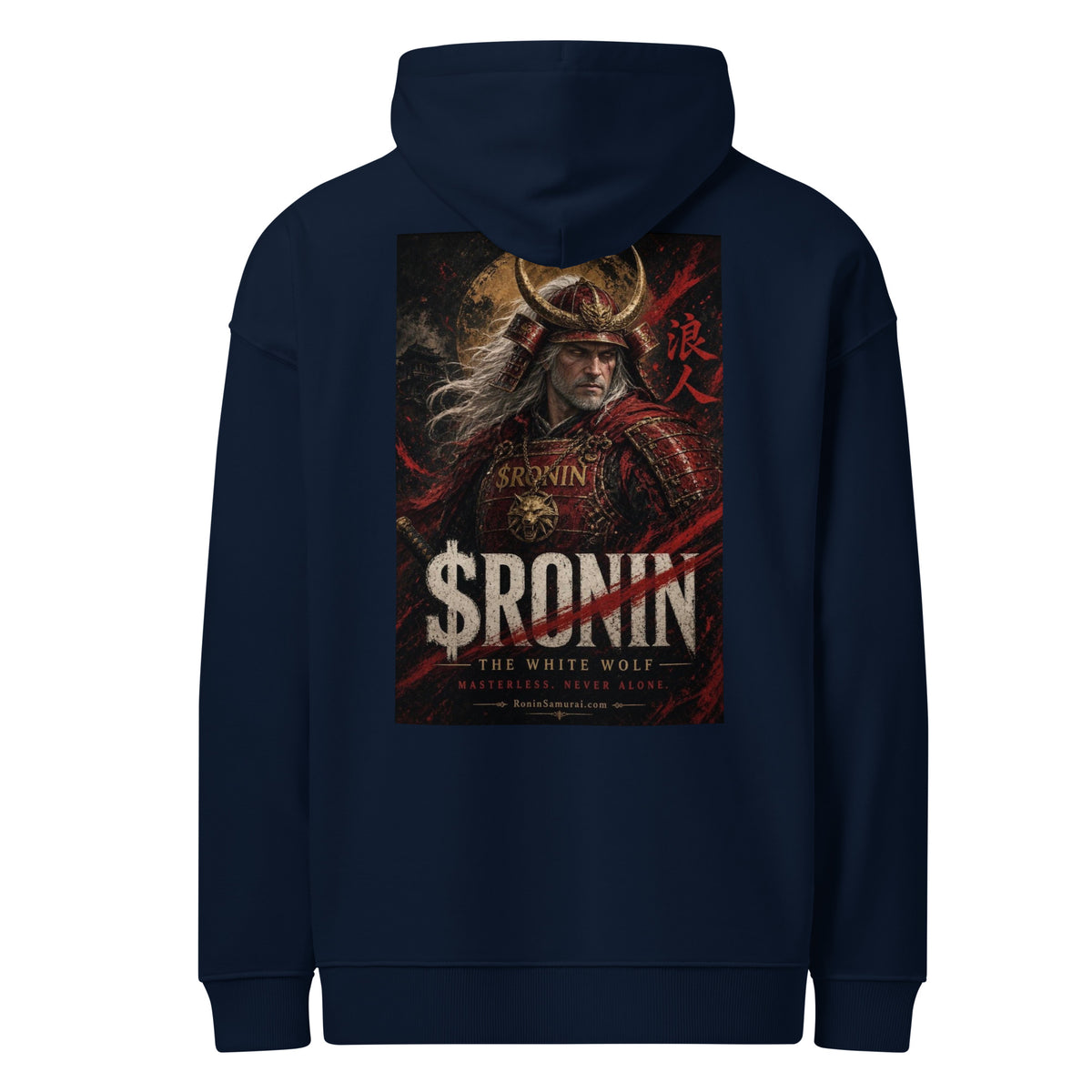 Silver-Haired Ronin Hoodie, french navy back: back print of a silver-haired, scarred warrior in crimson armor and gold-horned kabuto under a bold $RONIN title