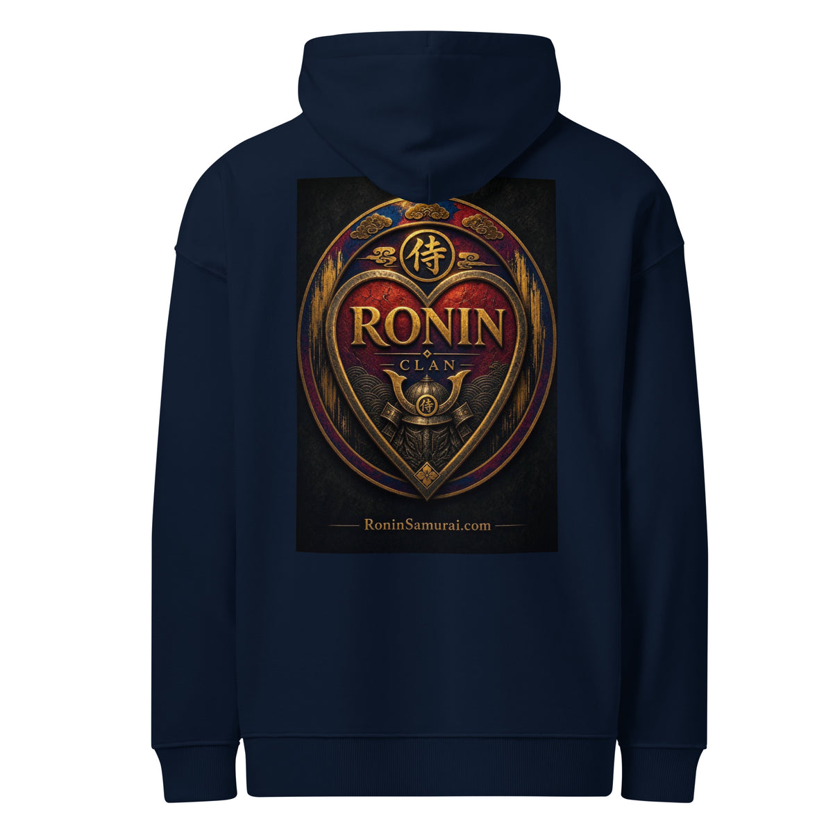 Royal Crest Ronin Clan Hoodie, french navy back: gilded red-and-gold heart shield with the 侍 seal, RONIN CLAN and kabuto emblem