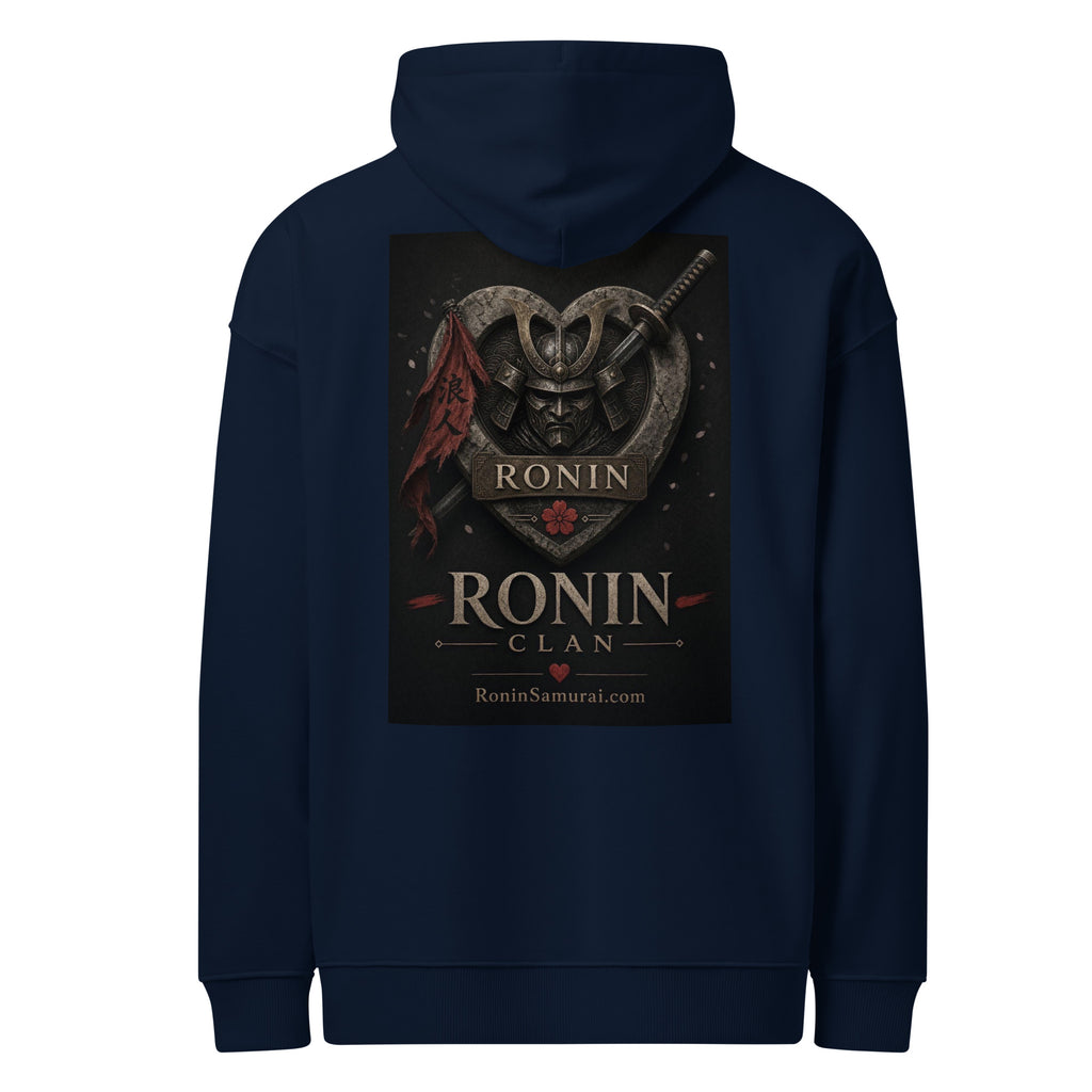 Kabuto Heart Ronin Clan Hoodie, french navy back: stone heart with a masked kabuto warrior, katana and red banner, RONIN CLAN