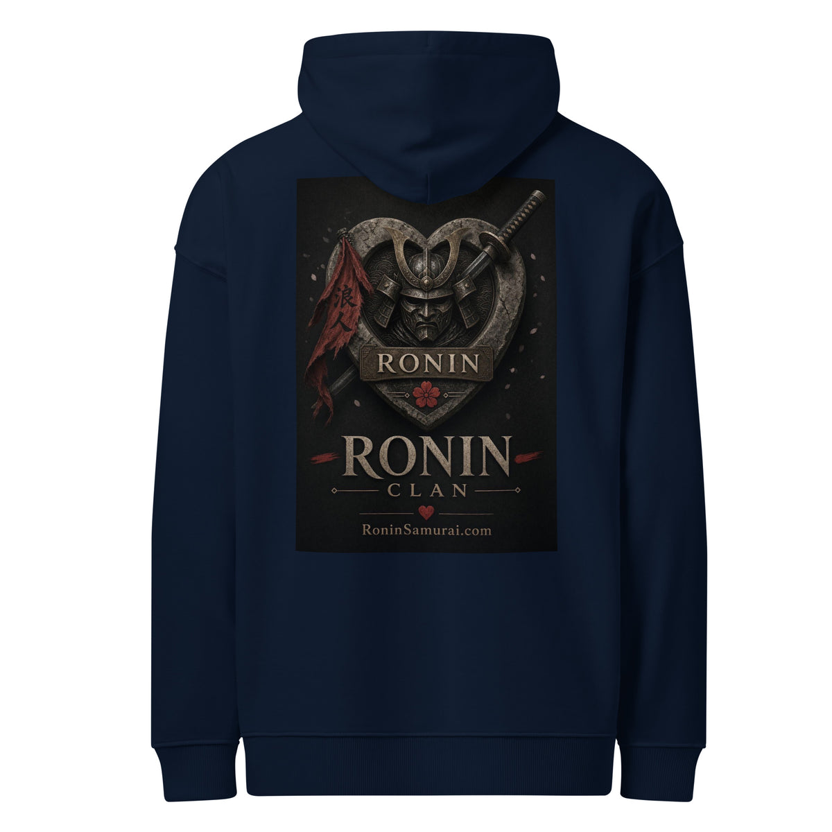 Kabuto Heart Ronin Clan Hoodie, french navy back: stone heart with a masked kabuto warrior, katana and red banner, RONIN CLAN