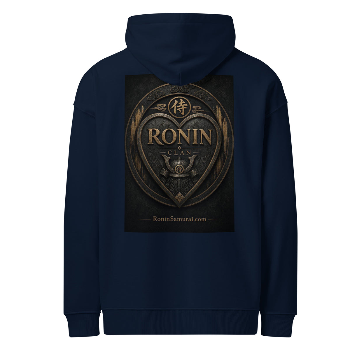 Bronze Crest Ronin Clan Hoodie, french navy back: bronze heart shield with the 侍 seal, RONIN CLAN and a kabuto emblem