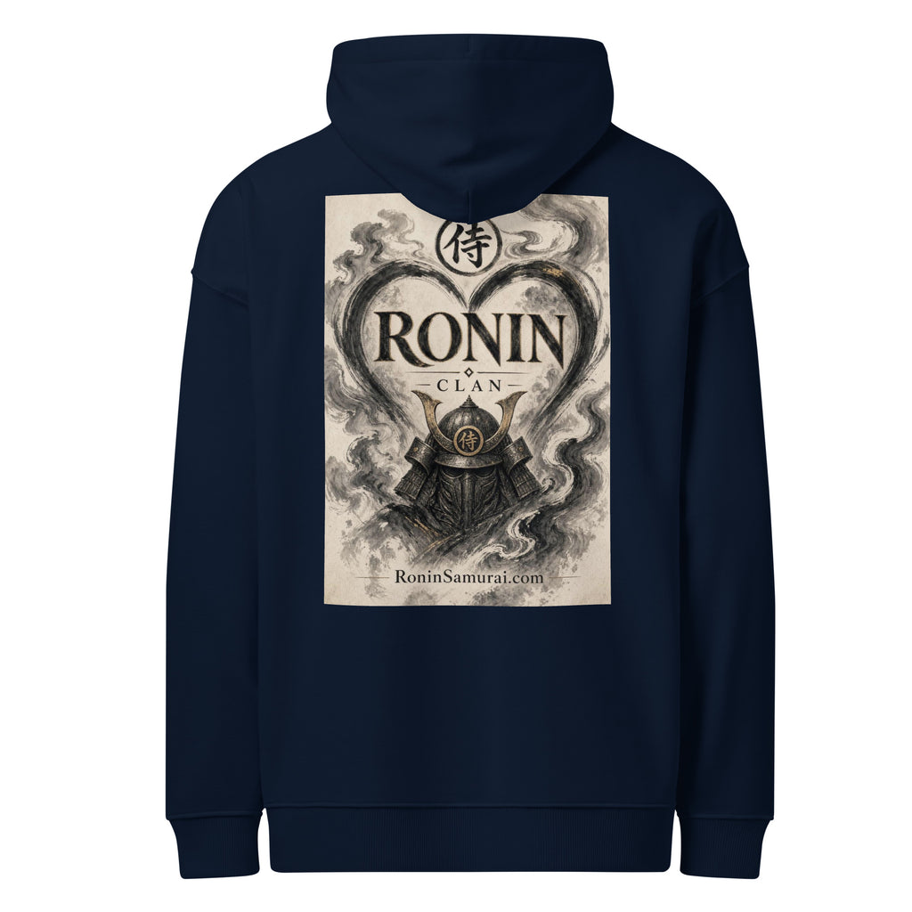 Ink Heart Ronin Clan Hoodie, french navy back: ink-wash heart around a kabuto helmet on cream paper, 侍 seal and RONIN CLAN