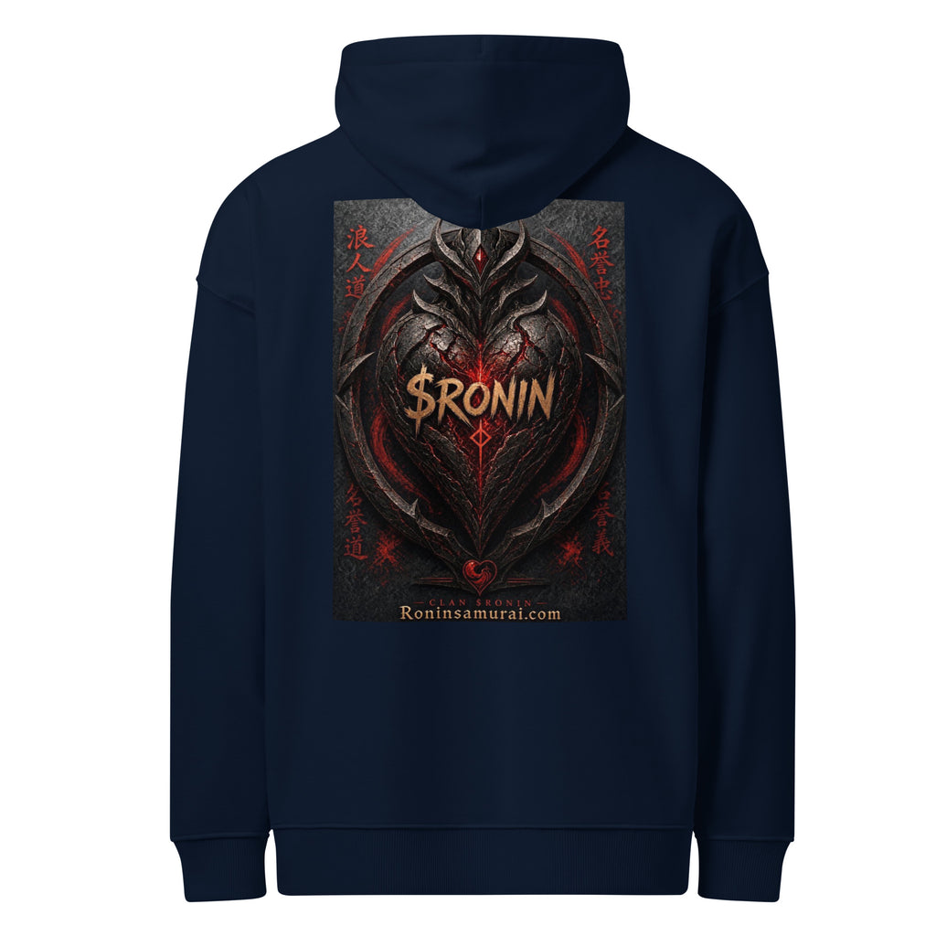 Obsidian Heart Ronin Hoodie, french navy back: spiked black armored heart with a glowing red core and $RONIN, red kanji at the sides