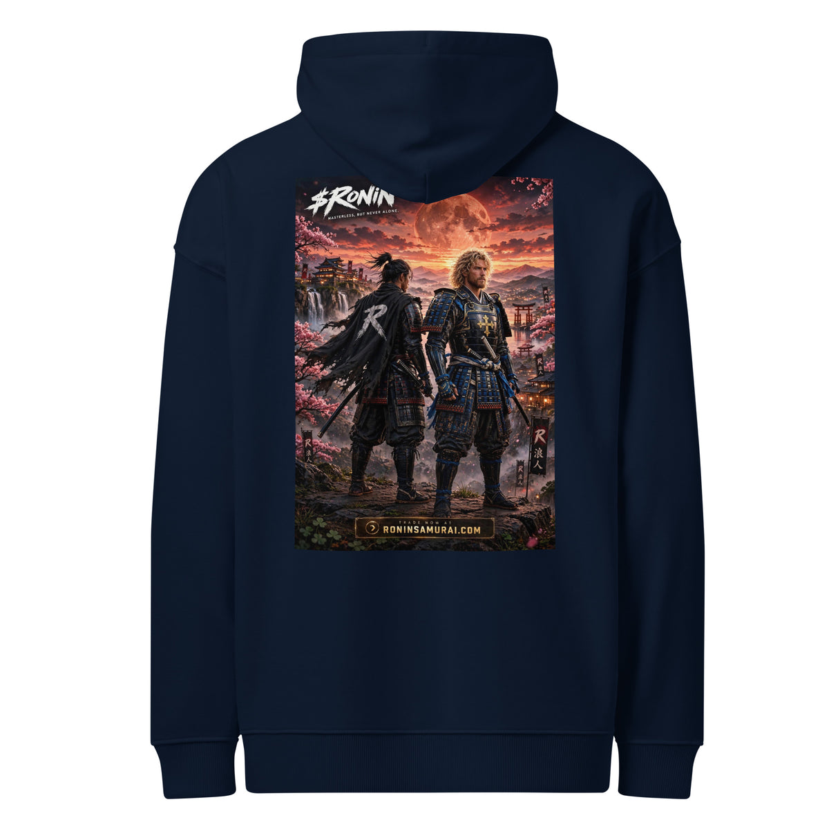 Sworn Brothers Ronin Hoodie, french navy back: two warriors, a dark-haired ronin and a golden-haired samurai in blue armor, under a blood-red moon with a white $RONIN