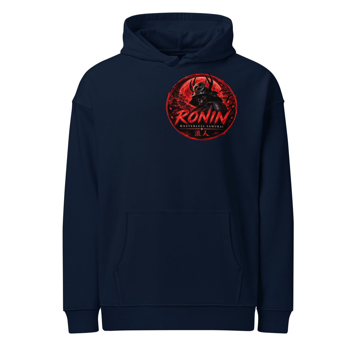 Silver-Haired Ronin Hoodie, french navy front: red RONIN crest on the chest