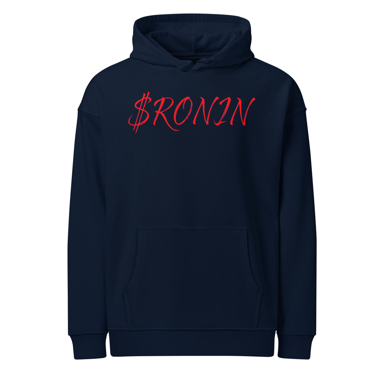 Obsidian Heart Ronin Hoodie, french navy front: red script $RONIN across the chest