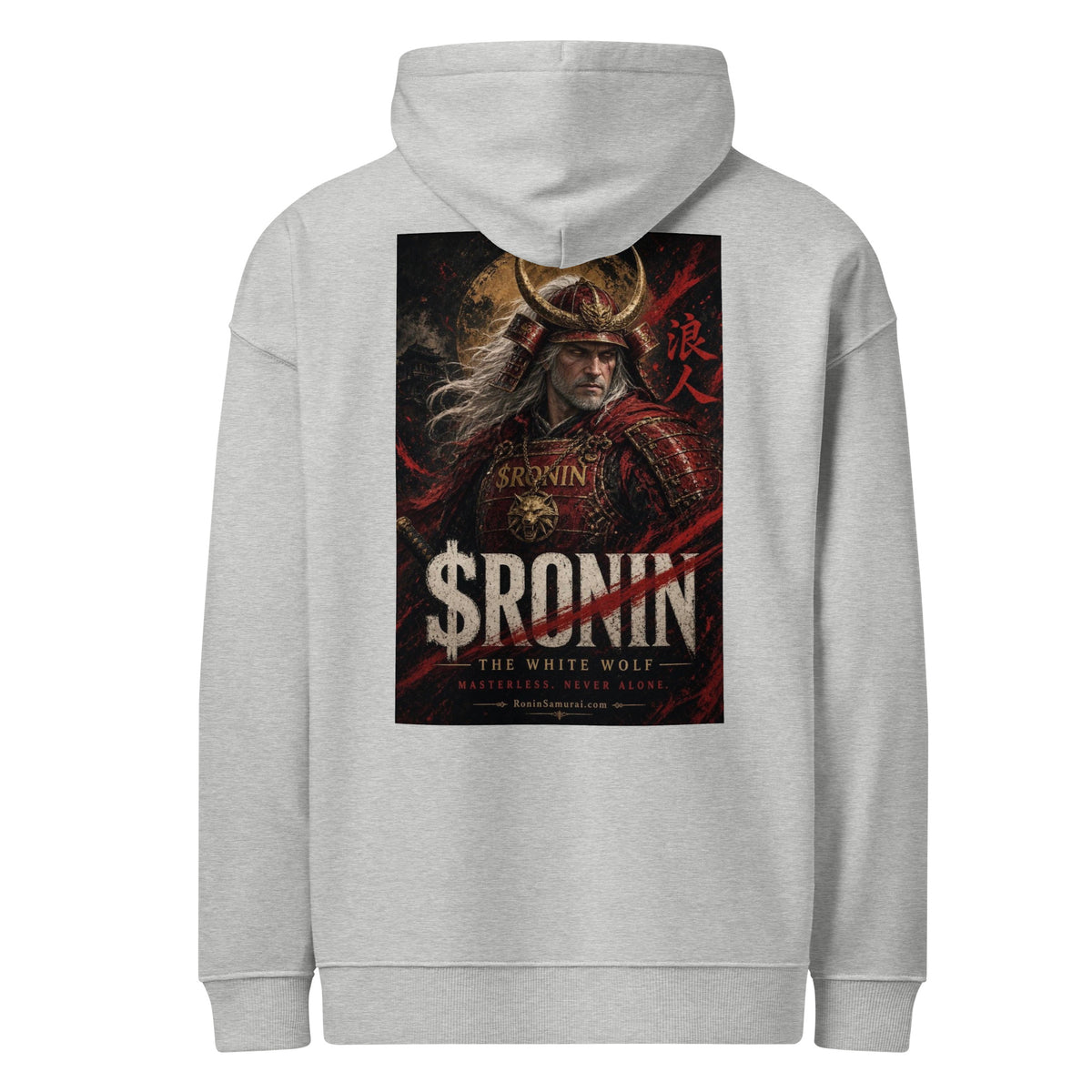 Silver-Haired Ronin Hoodie, heather grey back: back print of a silver-haired, scarred warrior in crimson armor and gold-horned kabuto under a bold $RONIN title