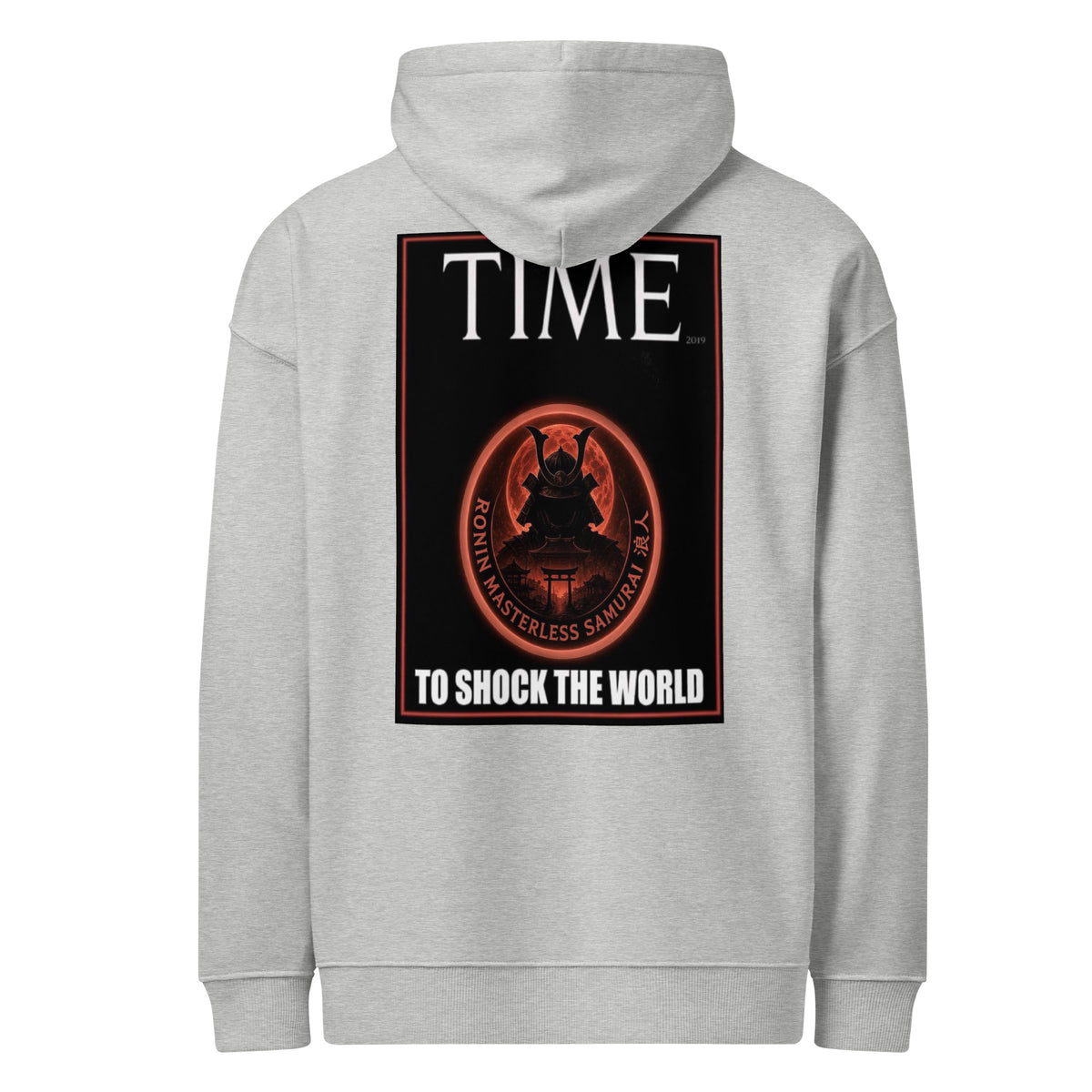 Ronin Cover Story Hoodie, heather grey back: back print of a red-framed cover-style poster with the round RONIN samurai seal and TO SHOCK THE WORLD