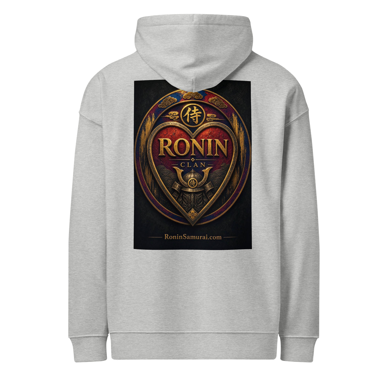 Royal Crest Ronin Clan Hoodie, heather grey back: gilded red-and-gold heart shield with the 侍 seal, RONIN CLAN and kabuto emblem