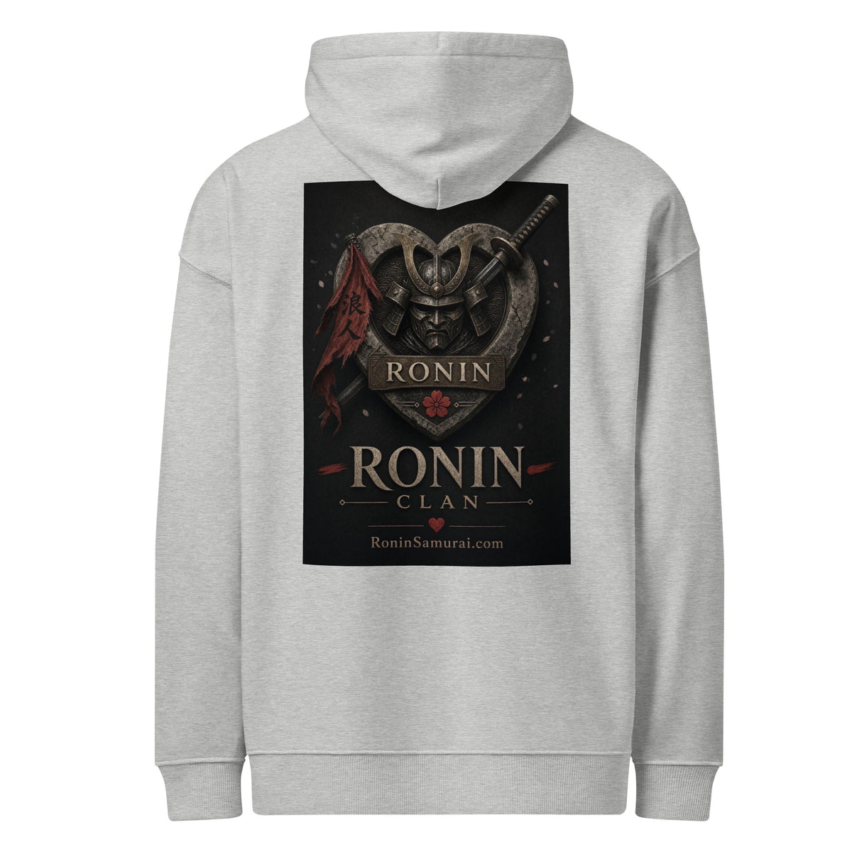 Kabuto Heart Ronin Clan Hoodie, heather grey back: stone heart with a masked kabuto warrior, katana and red banner, RONIN CLAN