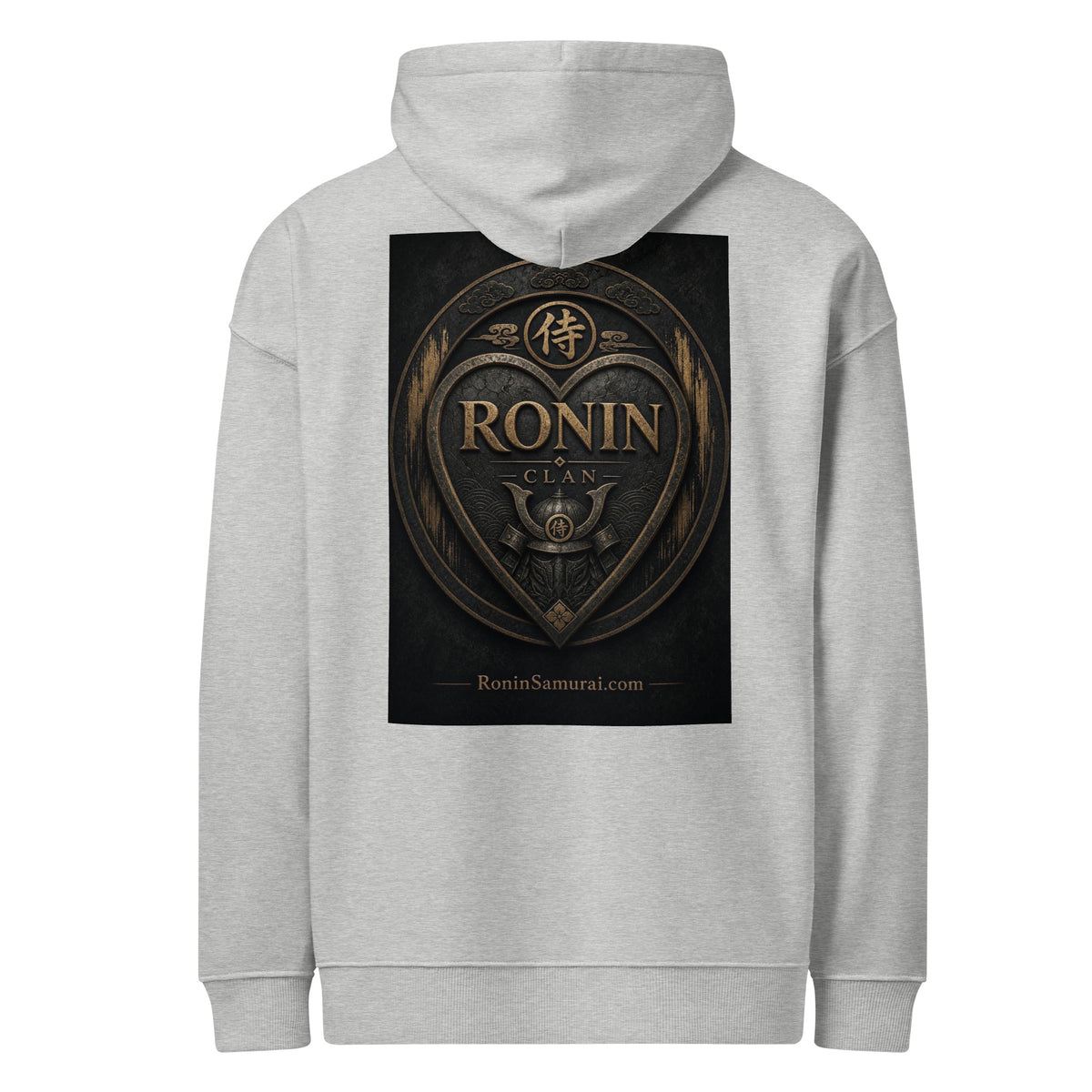 Bronze Crest Ronin Clan Hoodie, heather grey back: bronze heart shield with the 侍 seal, RONIN CLAN and a kabuto emblem
