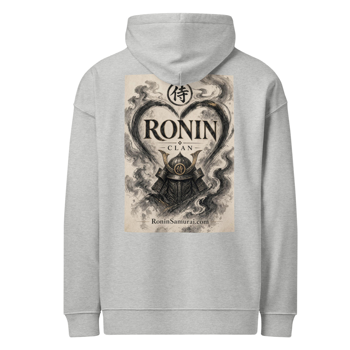 Ink Heart Ronin Clan Hoodie, heather grey back: ink-wash heart around a kabuto helmet on cream paper, 侍 seal and RONIN CLAN