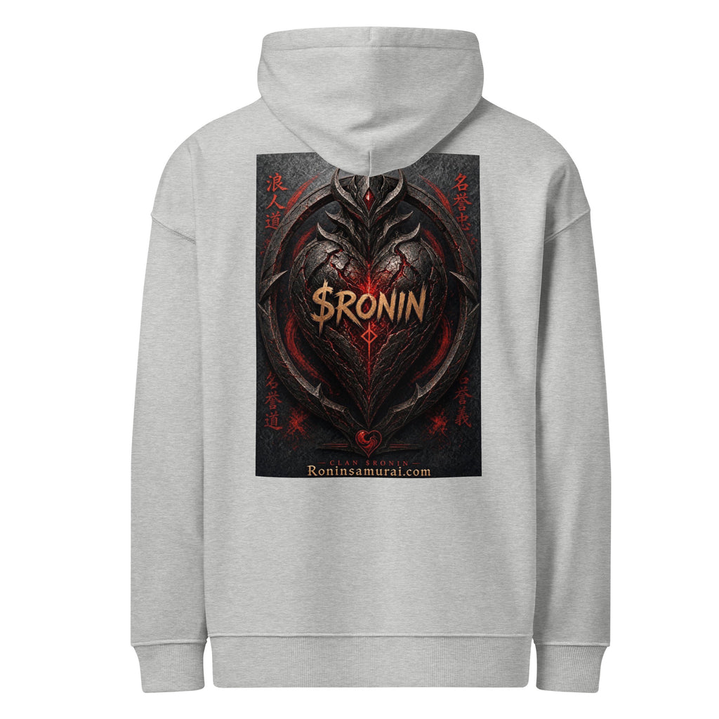 Obsidian Heart Ronin Hoodie, heather grey back: spiked black armored heart with a glowing red core and $RONIN, red kanji at the sides